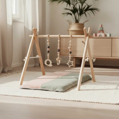 Wooden Baby Gym with Pink Toys